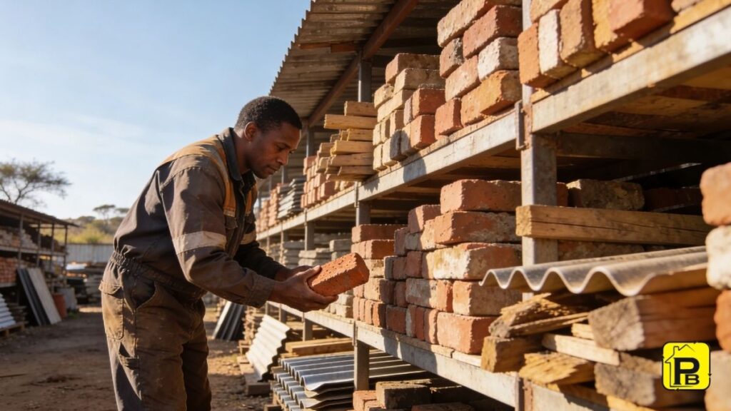 Contractor holding a brick in a tidy salvage yard, inspecting second‑hand materials before buying.