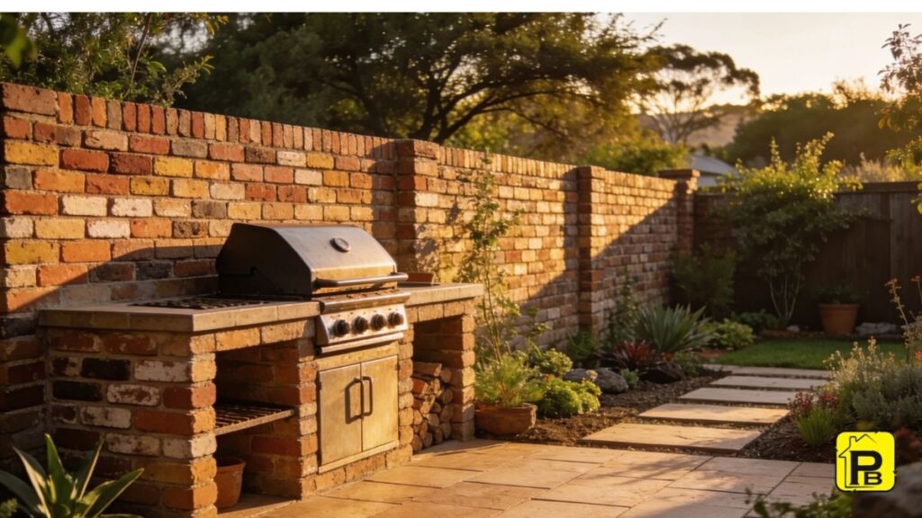 Outdoor braai and garden wall built with reclaimed bricks, showing a neat, finished project.