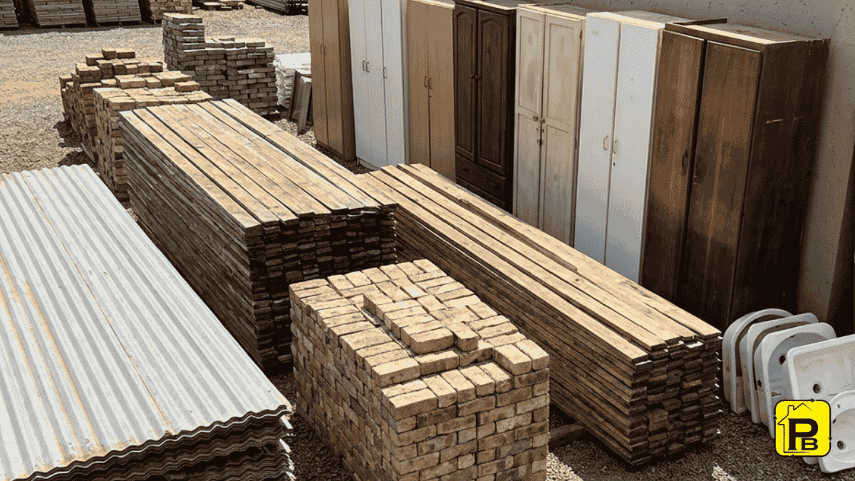 How to sell salvaged building materials South Africa - reclaimed bricks and roof sheets ready for resale at a Protector Build yard